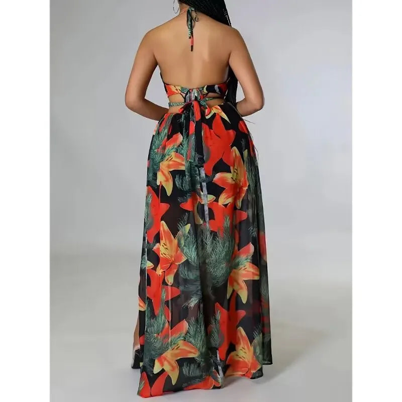 Novo vestido longo estampado com alças e fenda lateral