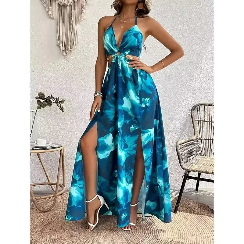 Novo vestido longo estampado com alças e fenda lateral