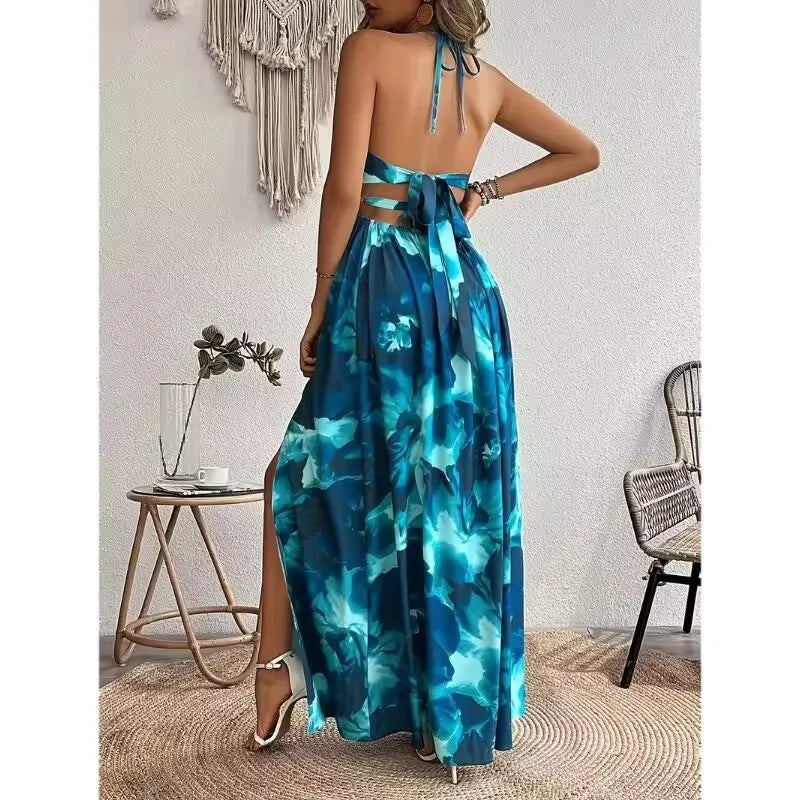 Novo vestido longo estampado com alças e fenda lateral