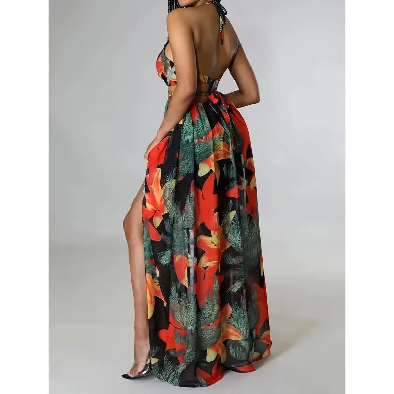 Novo vestido longo estampado com alças e fenda lateral